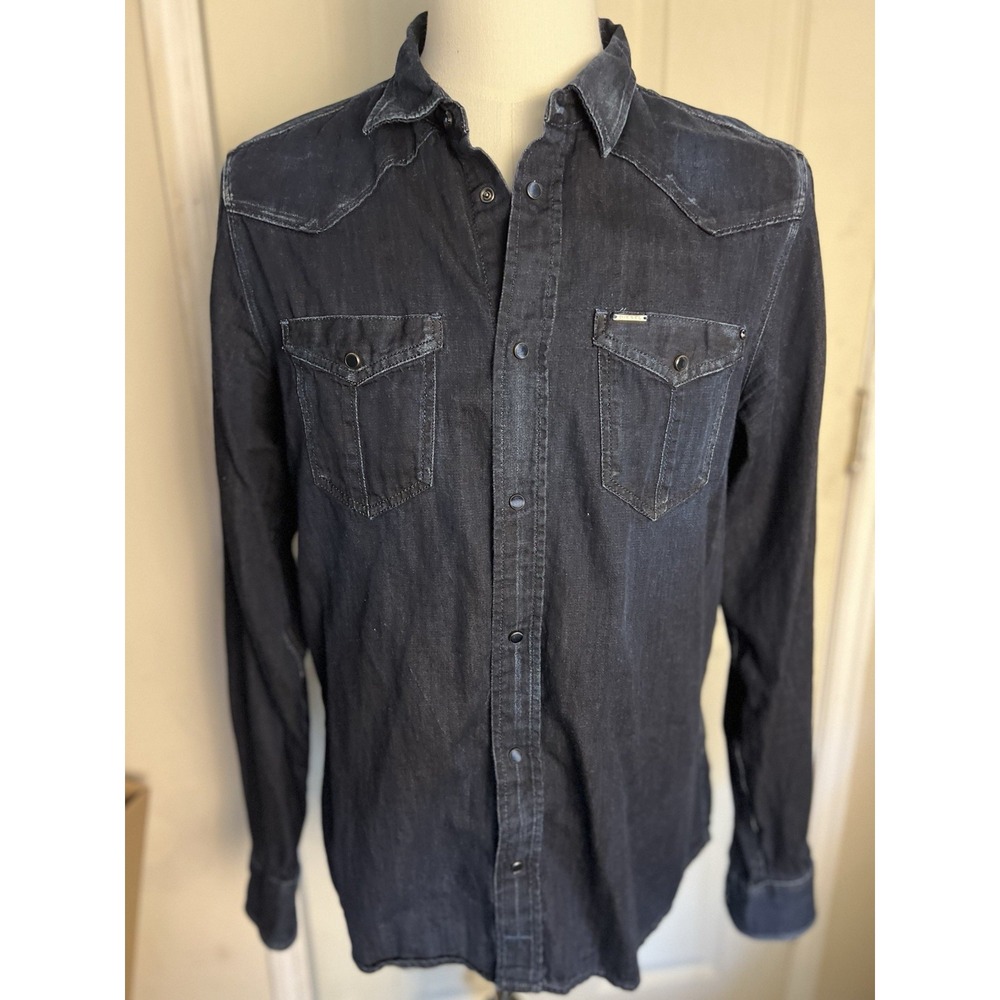 Diesel Men's Pearl Snap Shirt Large Solid Blue Denim Look